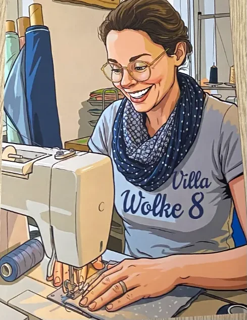 Inhaberin des Atelier Wolke 8 in Schliersee Comic-Style Bild von Hanni, Inhaberin des Atelier Wolke 8 in Schliersee, an ihrer Nähmaschine